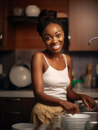 Beautiful African woman mixing something in pan and smiling while preparing food at the kitchen : Generative AIの素材