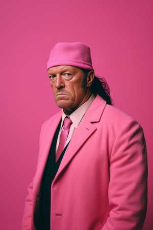 Confident mature man in shirt and tie wearing superhero cape while standing against pink background : Generative AIの素材