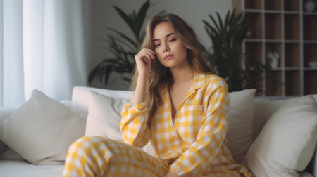 Attractive young woman in cozy pajamas thinking about something while resting on the window sill at home : Generative AIの素材