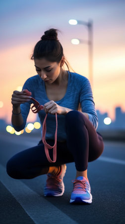 Beautiful young fit woman in sports clothing tying shoe laces before training outdoors : Generative AIの素材