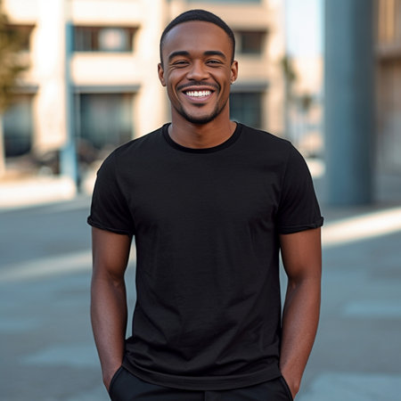 Always in good mood Handsome young African man in black TShirt smiling and looking away while standing in front of the brick wall outdoors : Generative AIの素材