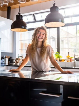 Beautiful young woman leaning at the kitchen desk and smiling : Generative AIの素材