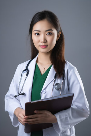 Beautiful doctor at work Confident female doctor in white uniform writing in clipboard while standing against grey background : Generative AIの素材