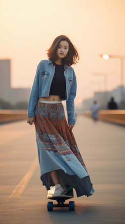 Best hobby ever Full length of attractive young woman smiling while skateboarding outdoors : Generative AIの素材