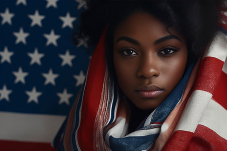 Born in America Beautiful young black woman carrying American flag while standing against grey background : Generative AIの素材