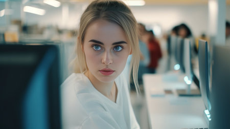 Concentrated on work Beautiful young woman using computer while working in the creative office : Generative AIの素材