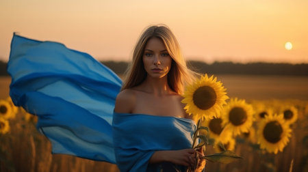 Beautiful young Ukrainian woman holding national flag with blue sky in the background : Generative AIの素材