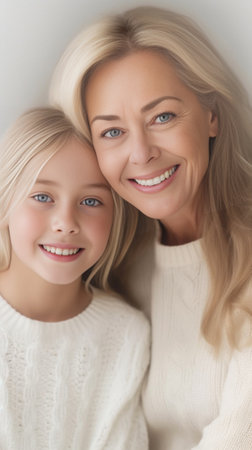 Beautiful blonds Half full faces of blond hair daughter and mother looking at camera and smiling while both standing against white background : Generative AIの素材