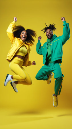 Beautiful young African couple gesturing and smiling while standing against yellow background : Generative AIの素材