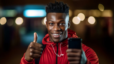 Cheerful young African athlete using smart phone and smiling while having video call outdoors : Generative AIの素材