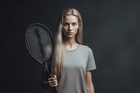 Bringing the beauty to the game Beautiful young women in sports clothes holding tennis racket on her shoulder and smiling while standing against grey background : Generative AIの素材