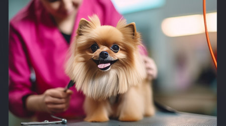 Closeup of woman combing little dog at the grooming salon : Generative AIの素材