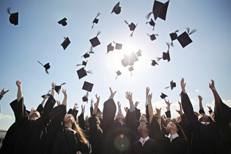 Closeup of many hands holding mortarboards against blue sky after graduation ceremony : Generative AIの素材