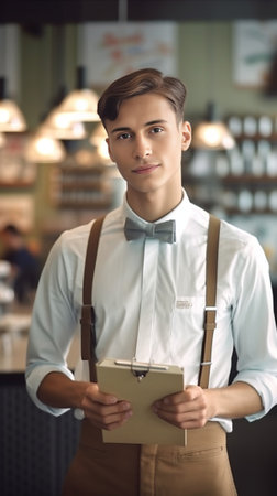 Confident bar owner Closeup of handsome young male bartender in white shirt leaning at the bar counter and writing something in note pad : Generative AIの素材