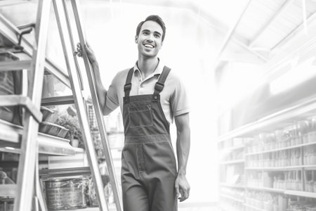 Cheerful repairman Smiling young manual worker talking on the mobile phone and holding clipboard while leaning at the ladder : Generative AIの素材