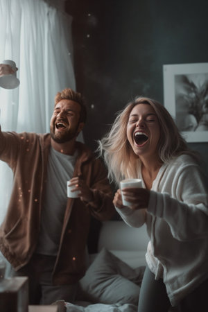 Cheers to us Beautiful young couple drinking champagne and smiling while sitting in the bedroom : Generative AIの素材