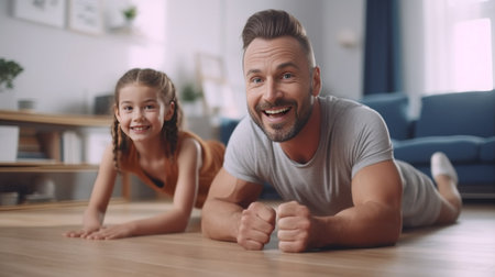 Capturing bright moments together Top view of cheerful father and his little daughter taking selfie while lying on the floor at home together : Generative AIの素材