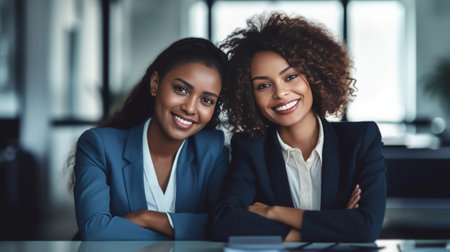 Business colleagues Two cheerful business people smiling at camera while sitting at the table together : Generative AIの素材