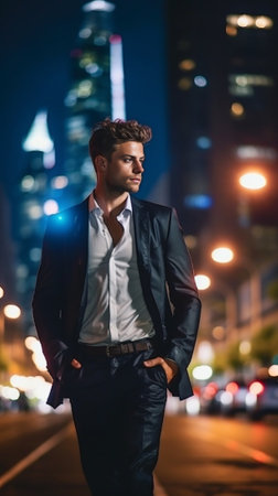 Businessman on the go Night time image of confident young and handsome man in full suit walking along the street with cityscape in the background : Generative AIの素材
