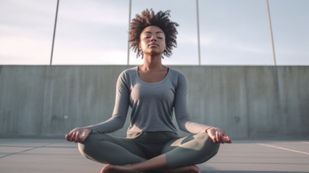 Concentration and meditation Top view of beautiful young African woman in sportswear practicing yoga while sitting in lotus position on the floor : Generative AIの素材