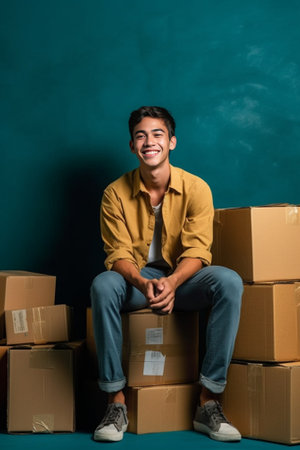 Confident and handsome Handsome young man sitting on the wooden pallet and looking at camera with grey wall in the background and orange fallen leaves on the floor : Generative AIの素材