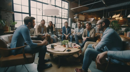 Casual working day Group of young business people working and communicating with each other while sitting at their working places in office : Generative AIの素材