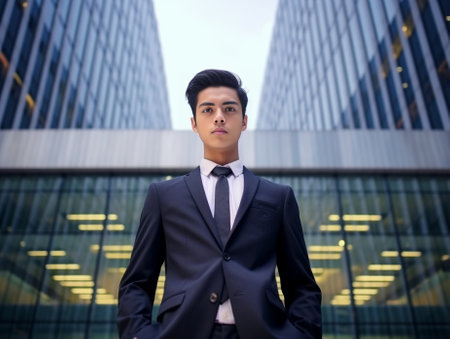 Confident and successful Low angle view of confident young businessman keeping arms crossed and looking away while standing outdoors with office building in the backgroun : Generative AIの素材