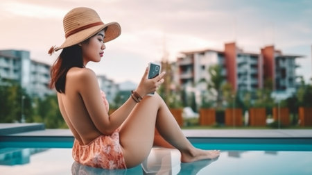 Beautiful young woman in elegant hat using smart phone while relaxing on the balcony : Generative AIの素材