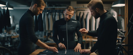 Best designs Two young fashionable men measuring jackets sleeve while standing in workshop : Generative AIの素材