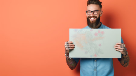 Confident redhead man gesturing picture frame and smiling while standing against red background : Generative AIの素材