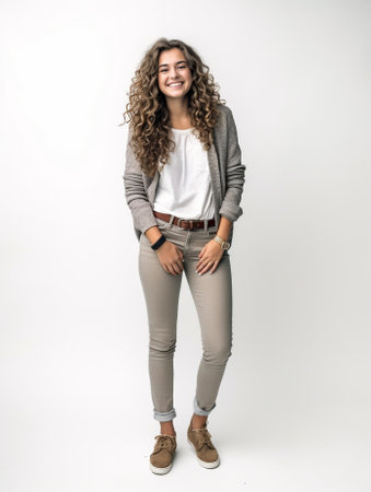 Cheerful beauty Full length of attractive young woman in casual wear keeping arms crossed and looking away with smile while standing barefoot against grey background : Generative AIの素材