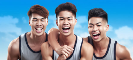 Best friends Group of young men in sports clothing smiling while sitting on the basketball field outdoors : Generative AIの素材