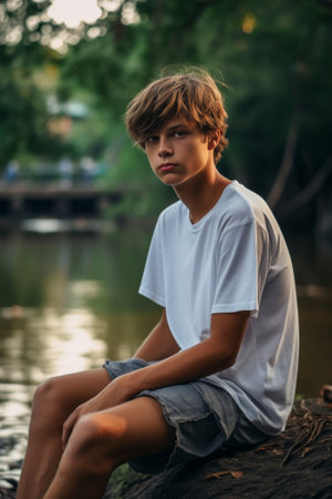 Capturing memories Handsome young modern man photographing while sitting on the rock near the river : Generative AIの素材