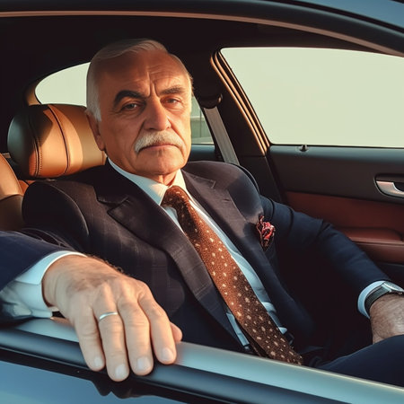 Confident drive Side view of confident senior man in formalwear sitting in car and looking at camera : Generative AIの素材