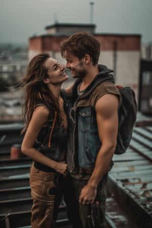 Charming young couple in casual clothing embracing and smiling while standing on the rooftop patio outdoors : Generative AIの素材