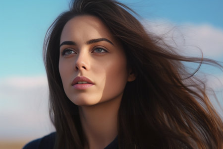 Closeup half face of beautiful Ukrainian woman looking at camera with sky in the background : Generative AIの素材