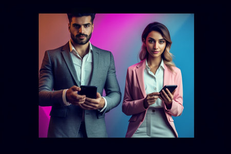 Collage of confident business people looking at camera or using mobile phones : Generative AIの素材