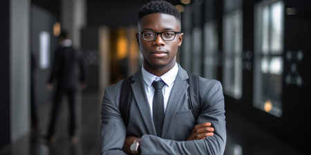 Confident young African man in formalwear looking at camera and adjusting eyewear while standing against grey background : Generative AIの素材