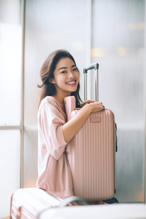 Attractive young woman packing luggage and smiling while sitting on the bed at home : Generative AIの素材
