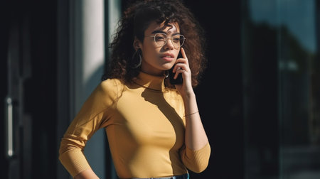 Beautiful young woman in smart casual talking on the phone and covering mouth : Generative AIの素材