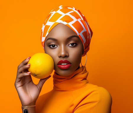Beautiful African woman in traditional headwear smelling oranges while standing at the kitchen : Generative AIの素材