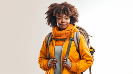 Beautiful African woman in traditional headwear carrying fluffy jacket against yellow background : Generative AIの素材