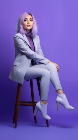 Beautiful young woman using smart phone while sitting against purple background : Generative AIの素材