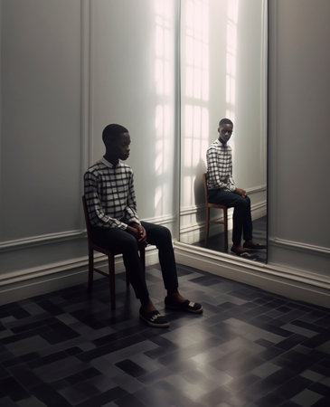 Calm and confident Thoughtful young African man sitting on the floor and leaning at the wall : Generative AIの素材