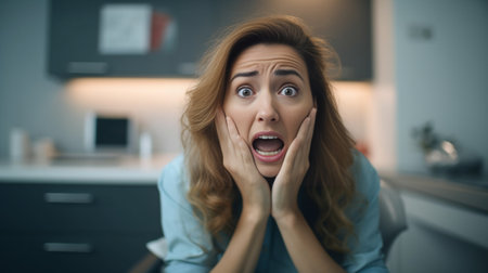 Awful toothache Frustrated young women suffering from toothache while sitting on the sofa at home : Generative AIの素材