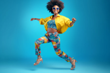 Carefree and trendy beauty Beautiful young African woman in glasses and funky wear jumping against white background and smiling : Generative AIの素材