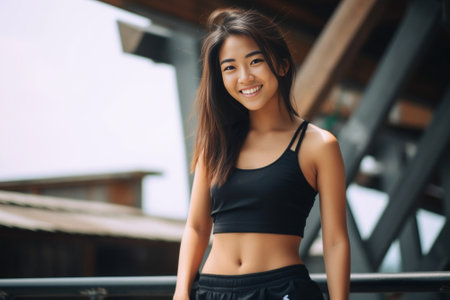 Beautiful young smiling woman in sports clothing holding jumping rope while standing on patio : Generative AIの素材