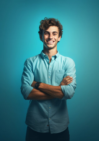 Charming handsome Handsome young man in blue shirt keeping arms crossed and smiling at camera while standing against grey background : Generative AIの素材
