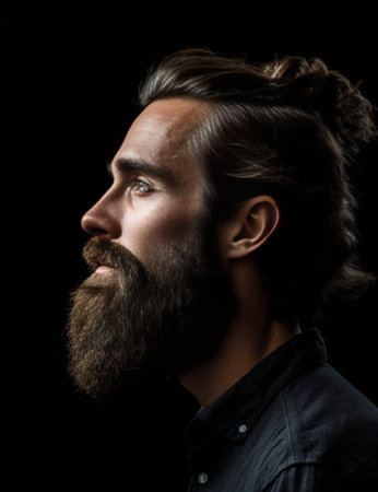 Bearded handsome Portrait of thoughtful young bearded man touching his neck and looking away while standing against grey background : Generative AIの素材