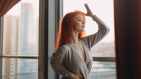 Beautiful young woman doing stretching exercises while practicing in front of the window at home : Generative AIの素材